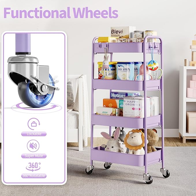 TOOLF 4-Tier Metal Rolling Cart with Wheels, Storage Utility Organizer Cart for Kitchen, Bathroom, Office, Baby Essentials & Makeup - Lockable Casters, Easy Assembly, Large Capacity, Purple