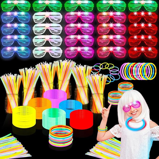 325 Pcs Glow in the Dark Party Supplies,Light Up Party Favors With 300 Pcs Glow Sticks Bracelets & 25 Pcs LED Glasses,Neon Party Favors for Glow Party Wedding Concert Halloween Raves Birthday