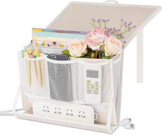 Bedside Caddy Bedside Storage Organizer Bedside Organizer with Power Strip Holder and 2 Adjustable Straps for Home Bunk Bed College Dorm Sofa (White)