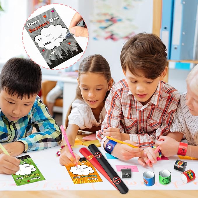28 Packs Valentines Day Gift for Kids, Valentine’s Day Super Power Slap Bracelets with Cards Toddler School Classroom Prize Exchange Gifts Party Favor Toy Set Superhero Decorations