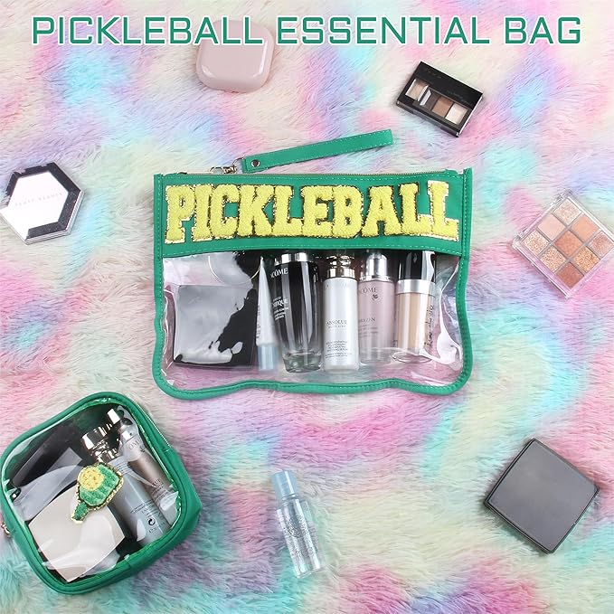 BuyCard 2 Pcs Pickleball Gifts Cosmetic Makeup Bag with Chenille Letter Patch, Clear Pouch PVC Organizer Purse, Waterproof Travel Bag, Portable Toiletry Storage Bag for Her Girls Friends Women