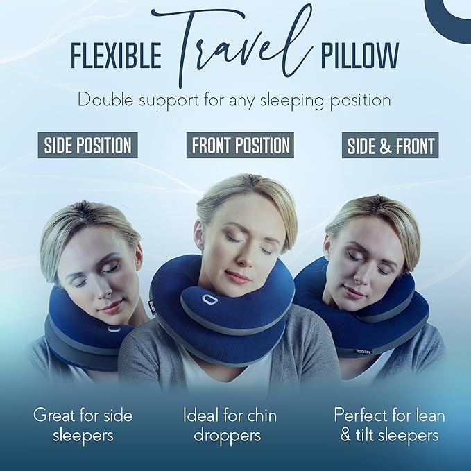 BCOZZY Travel Neck Pillow for Airplane– Patented Double Support for Head, Neck, and Chin. Best for Long Flights, Plane Sleeping, and Car Rides. Adjustable Size. Washable. Carry Bag. Large, Purple