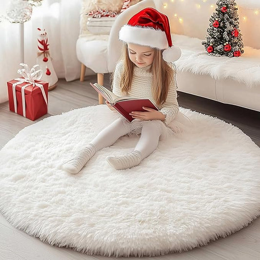 Xexsin Round Fluffy Rugs 3Ft for Girls Bedroom, Cream White Shag Circle Kids Rug Non-Slip for Bedside Dorm Nursery Playroom, Soft Cute Area Rugs for Living Room Decor