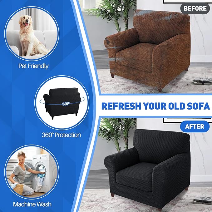 MAXIJIN 2 Piece Jacquard Chair Covers with Arms Super Stretch Non Slip Chair Slipcover for Living Room Dogs Pet Friendly Elastic Sofa Couch Protector Armchair Cover (Chair, Black)