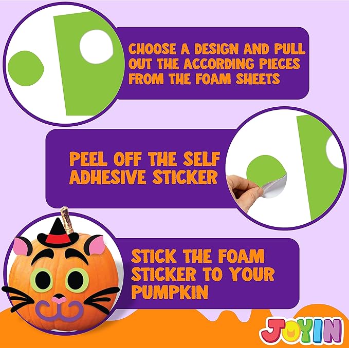 JOYIN 18 Packs Halloween Craft Foam Stickers, Arts Activities Party Supplies, Kids Party Favors, Pumpkin Decorating Kit, Jack O Lantern Face Sticker in 6 Funny Designs, Pumpkin Decor School Party Game