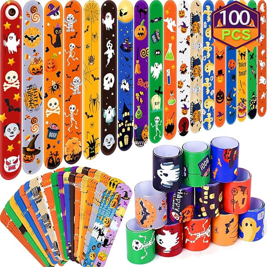 Halloween Slap Bracelets for Kids, 100 Halloween Bracelet Toys Bulk For Kids Girls Boys, Trick or Treat Party Favors, Classroom Prizes, Exchanging Gifts, Halloween Party Gift Treat Bag Filler Supply