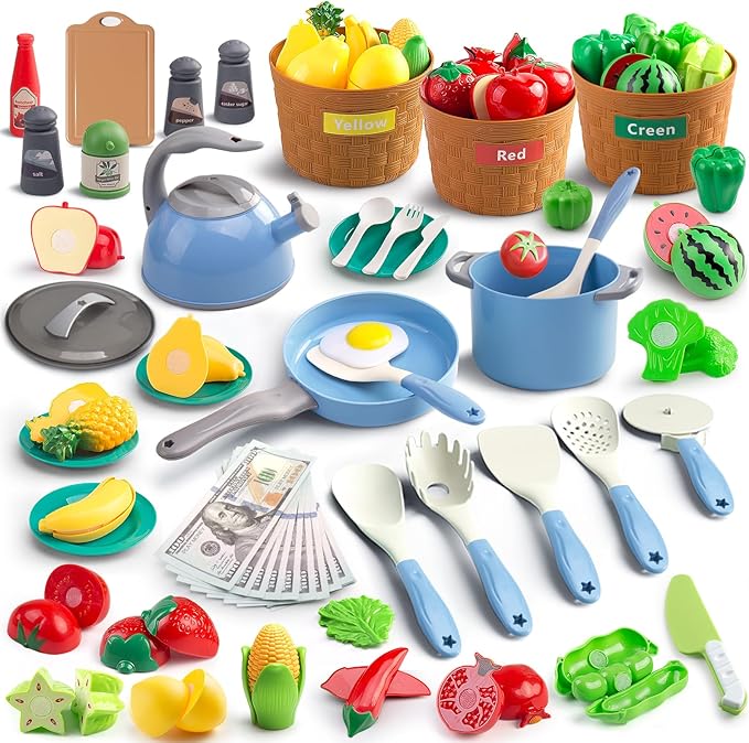 90Pcs Kitchen Playset Accessories, Pretend Cooking with Pots, Pans, Cookware, Food, Fruit, Veges, Color Sorting Baskets, Prop Money, Learning Gift for Girls Boys Toddlers (Blue)