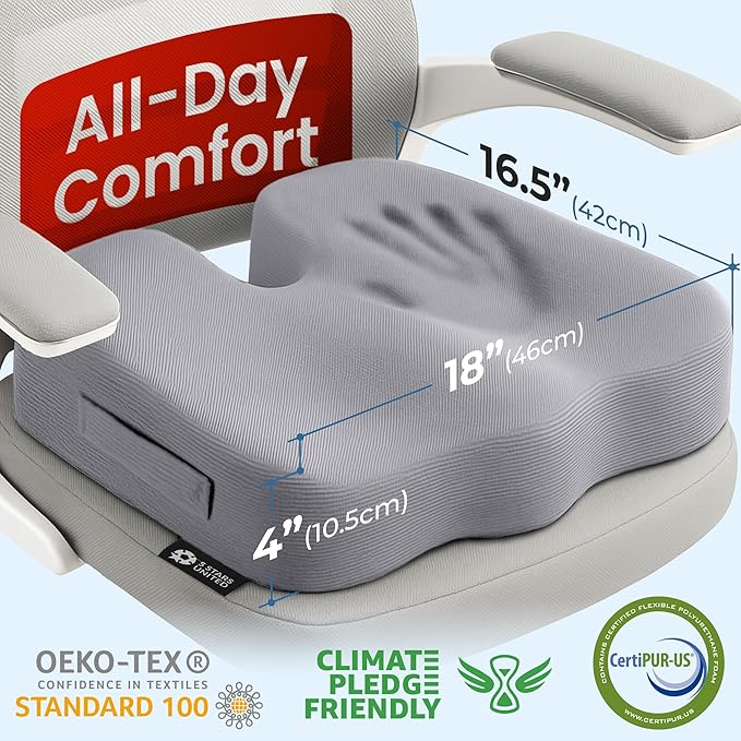 5 STARS UNITED Seat Cushion for Tailbone Pain Relief – Large Memory Foam Cushion for Coccyx, Hip, Sciatica & Post-Surgery Recovery – Wheelchair, Car, Desk, Gaming & Office Chairs, Light Gray