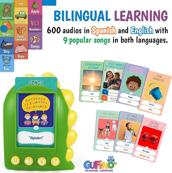 GUFINO Talking Flash Cards for Toddlers – 300 Fun and Interactive English & Spanish Flash Cards to Strengthen Cognitive Abilities & Boost Language Development – Learning Toys for Quality Family Time