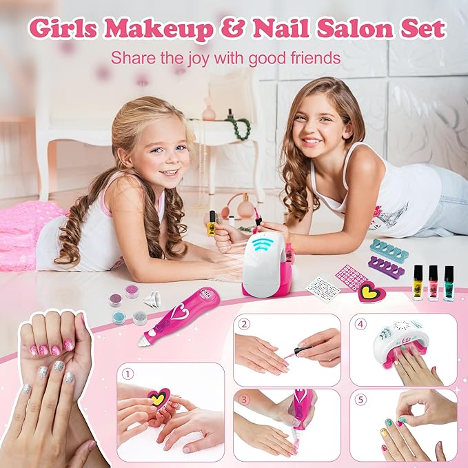 Kids Nail Polish Set for Girls Ages 5-12 Years Old, All-in-One Nail Art Kit with Nail Dryer/Glitter Pen/Nail Polish/Glitter Powder/Toe Separator/File, Toys Gifts for Girl 5 6 7 8 9 10 11 12