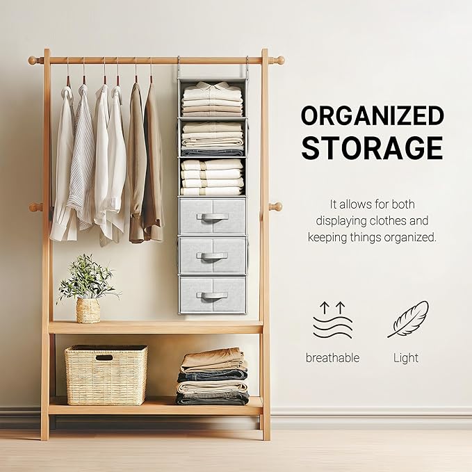 6-Shelf Hanging Closet Organizer with 3 Drawers, 6-Shelf Inseparable Closet Organizers and Storage for Wardrobe Organization, Hanging Dresser for Nursury & Dorm Clothes Organizer, Silver Gray