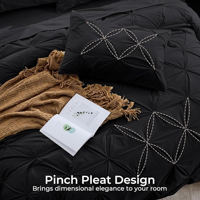 Sasttie King Size Comforter Set, 7-Piece Bed in a Bag, Pintuck Bedding Set for All Season, Includes Comforter, Flat Sheet, Fitted Sheet, Pillowcases and Pillowshams, Black