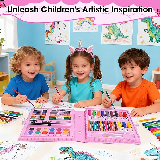 KIDDYCOLOR Kids Art Set, Drawing Art Supplies for Girls & Boys Ages 4-8 with Watercolor Cakes, Oil Pastels, Colored Pencils, Ideal Gift for Young Artist, Pink-87pcs