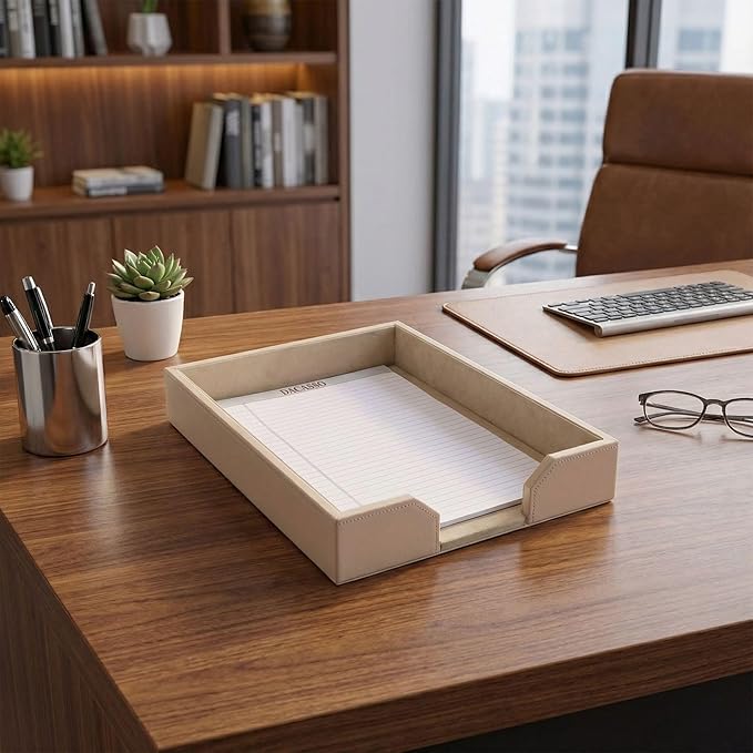 DACASSO Bonded Leather Desktop Letter Tray - Luxury Letter Holder & Paper Organizer for Desk - Office Organization & Executive Desk Decor - (White Latte)