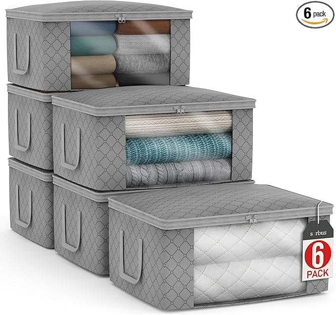 Sorbus Medium Clothes Storage Bags - Foldable Blanket Storage Bins for Organizing Bedroom, Closet, Clothing, Comforter, Organization with Clear Window, Lids and Carry Handles - Set of 6