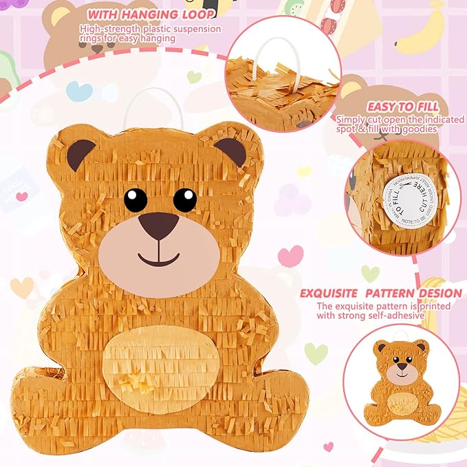 Lewtemi 14.5 Inch Bear Piñata Bear Themed Birthday Party Supplies Animal Piñata with Wood Bat Stick, Paper Blindfold and Confetti for Valentine's Day Baby Shower Party Decor Kid Adult Boy Girl