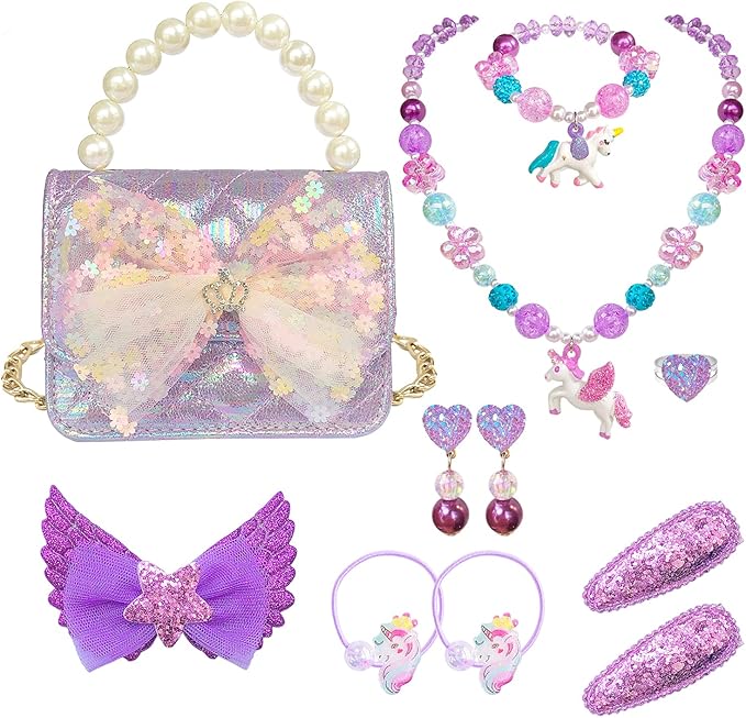 Girl Handbag Purse for Little Girls Kids Pretend Play Dress Up Necklace Hair Accessories Jewelry Set, Light Purple