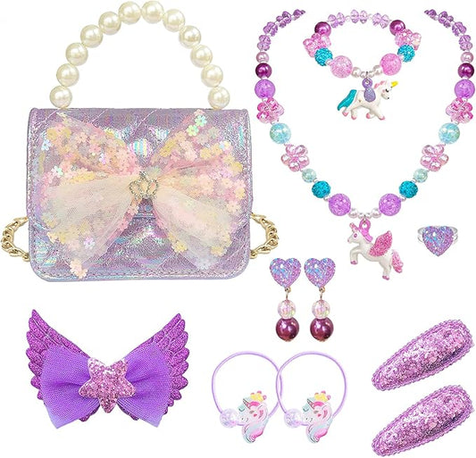 Girl Handbag Purse for Little Girls Kids Pretend Play Dress Up Necklace Hair Accessories Jewelry Set, Light Purple