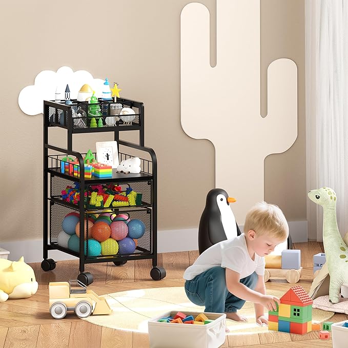 SWTYMIKI Rolling Cart with Drawers - Metal Utility Cart with Wood Shelf, DIY Divider and Locking Wheels, Craft & Art Cart Organizer for Under Desk Storage for Home Office Studio, Black