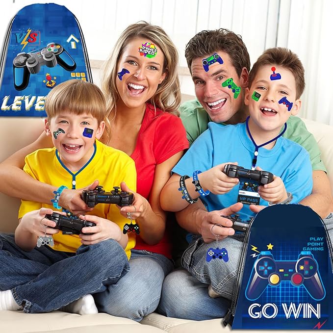 122Pcs Video Game Party Favors, Gamer Party Favors for Boys Includes 13 x 11 Inch Video Game Party Drawstring Bags Bracelets VIP Passes with Lanyards Keychains Tattoo Stickers for Gaming Party Favors
