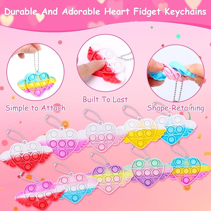 30 Pcs Valentines Day Gifts for Kids Heart Pop It Fidget Keychain Toys with Valentine's Cards for Classroom Exchange, Party Favors, Goody Bag Fillers, and Valentine's Day Party Supplies