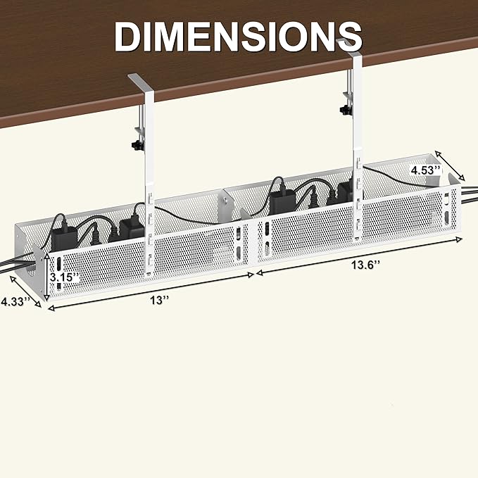 Under Desk Cable Management Tray - No Drill or Screw Mount Option, Heavy Duty Metal Cord Organizer Rack, Power Strip Holder for Office & Home
