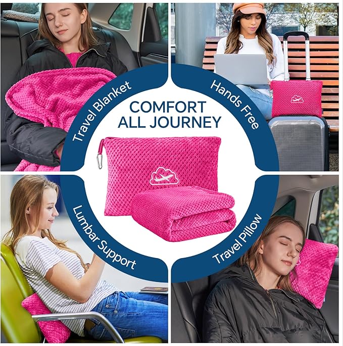 BEDELITE Travel Blanket with Bag, Ultra-Soft Jacquard Fleece Blanket with Luggage Sleeve & Backpack Clip, Airplane Blanket Travel Essentials, Hot Pink