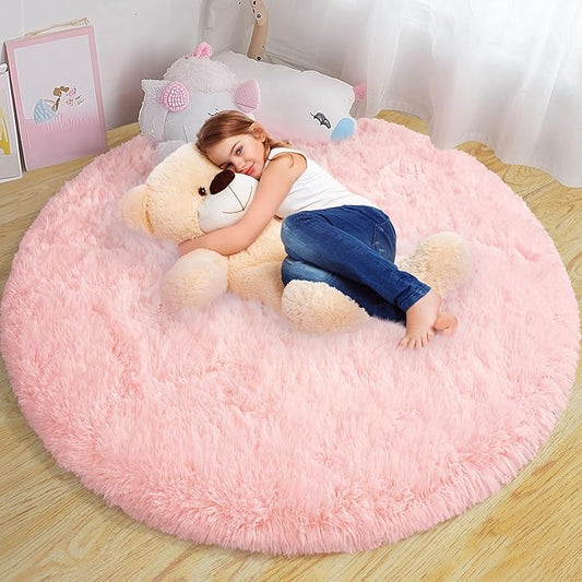 Xexsin Round Fluffy Rugs 4Ft for Girls Bedroom, Pink Shag Circle Kids Rug Non-Slip for Bedside Dorm Nursery Playroom, Soft Cute Area Rugs for Living Room Decor