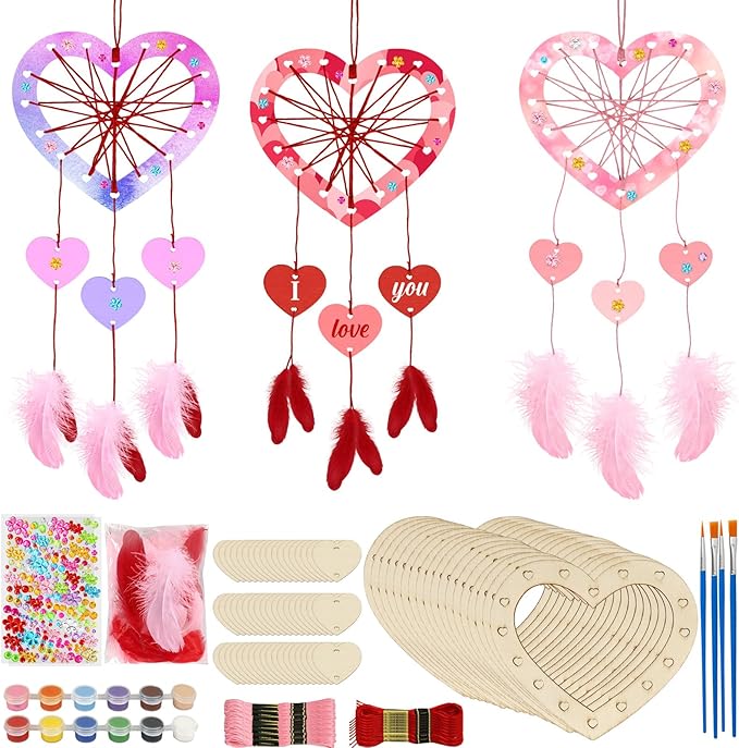 Fennoral 18 Pack Heart Dream Catcher Craft Kit for Kids Paint You Own Love Heart Dream Catcher DIY Coloring Mother's Day Wooden Art and Craft for Art Activity Project Valentine's Day Decoration