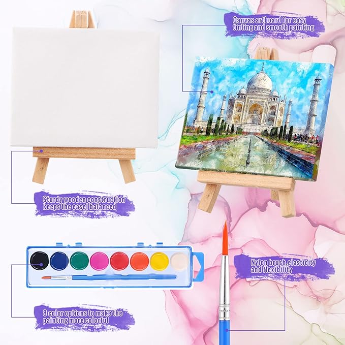 Fuutreo Watercolor Paint Sets 3x4 Mini Canvas Easel Paints Brush Set Kids Art Party Favors and Party Supplies Watercolor Paint Party Favors Washable Watercolor Bulk for Kids Birthday Prizes (48 Pcs)