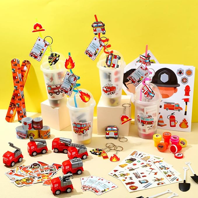 HyDren 211 Pcs Firefighter Party Favors Included Gift Cup Straw Keychain Slap Bracelet Mini Truck Sticker Stamper Card Tattoo Sticker Shovel Sticker Tag Cable Tie For Birthday Gift Prize
