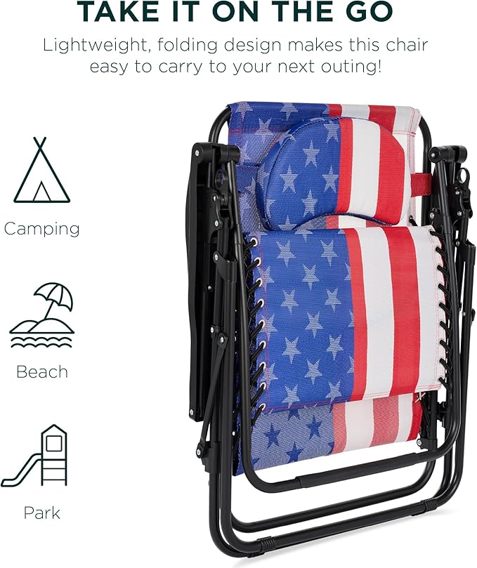 Best Choice Products Oversized Zero Gravity Chair, Folding Outdoor Patio Lounge Recliner w/Cup Holder Accessory Tray, Pillow - American Flag