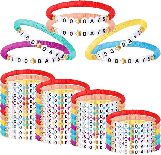 36 Pcs Happy 100th Day of School Bracelets Colorful Friendship Beads Bracelet for Boy Girl Kids Cute 100th Day Gifts Stretchy Acrylic Clay for School Supply Decor Student Rewards