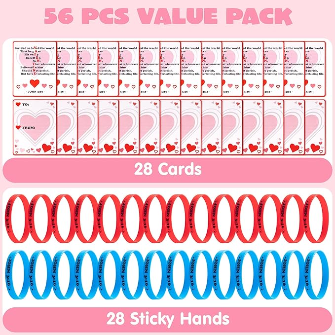JOYIN 56 Pcs Valentine’s Day Silicone Bracelet with Cards, John 3:16 Rubber Bracelet Valentine Gift, Party Favor Supplies, Classsroom Exchange Prizes, Holiday Reward Gifts