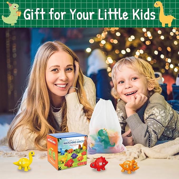 Christmas Party Games 26 Pcs Alphabet Learning Dinosaur Toys,Uppercase Paired Lowercase Matching Letters Color Sorting Fine Motor Toy, Montessori Toys for Kids for 2-5 Boys Girls