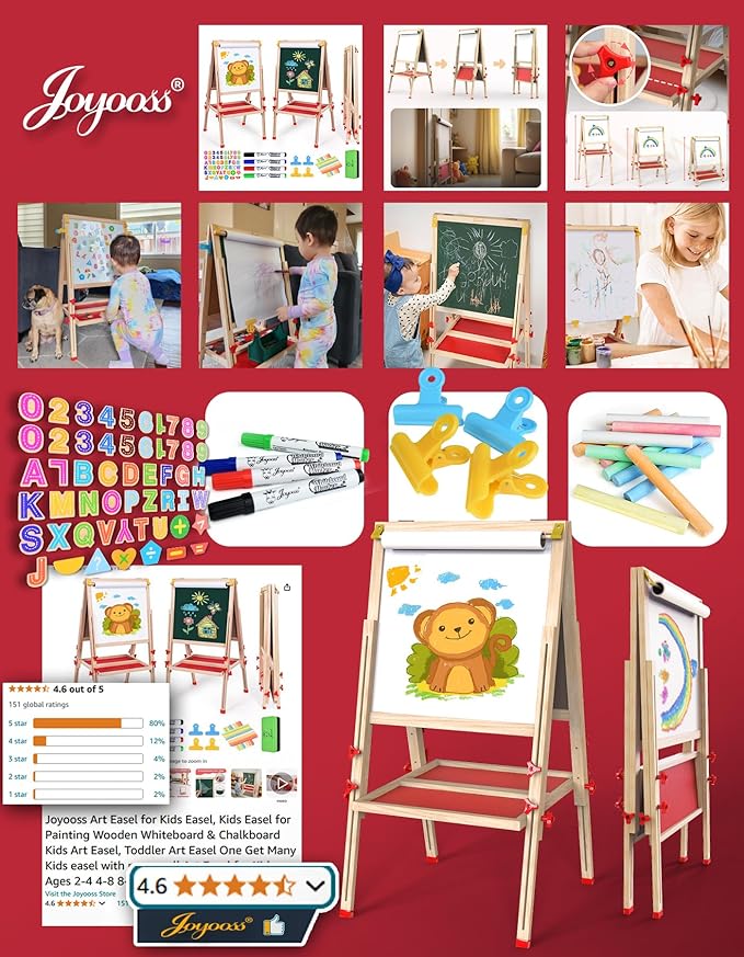 Joyooss Art Easel for Kids Easel, Kids Easel for Painting Wooden Whiteboard & Chalkboard Kids Art Easel, Toddler Art Easel One Get Many Kids Easel with Paper roll Art Easel for Kids Ages 2-4 4-8 8-12