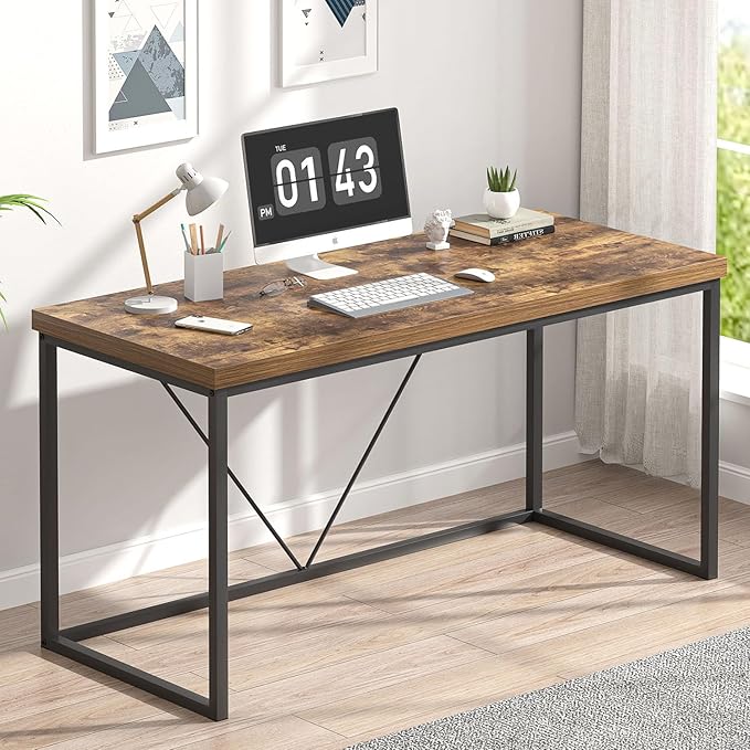 EXCEFUR Industrial Computer Desk, Wood and Metal Home Office Desk, Writing Study Work PC Table for Living Room Bedroom, Rustic Brown, 53 inch