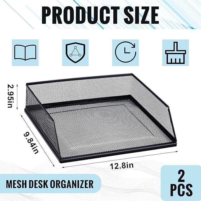 Hicarer 2 Pcs Black Metal Letter Tray Stackable Desk Tray Single Wire Mesh Organizer Front Load File Paper Holder for Desktop Office Home School Classroom (9.84 x 12.8 Inch)