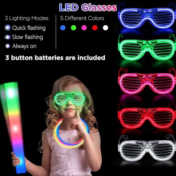 140Pcs Glow in the Dark Party Supplies, 100PCS Glow Sticks, 20PCS Big LED Foam Light Up Sticks, 10PCS LED Glasses, 10PCS LED Rabbit Ears Hairpin, for Wedding/BirthdayDance Floor