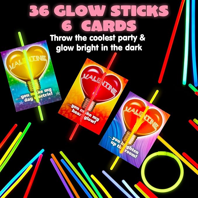 JOYIN 36 Packs Neon Valentines Day Gift Cards with Glow Stick Bracelets, Glow in the dark Necklaces for Valentine's Party Favor, Valentine Classroom Exchange Cards, Valentine School Prize