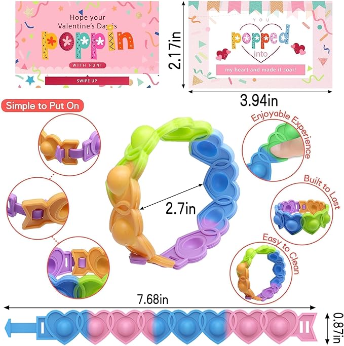 30 Pcs Valentine's Day Pop Bracelets Toys with Cards Heart Pop Bracelets Bubble for Kids School Classroom Prizes, Valentine's School Class Exchange Cards and Kids Party Favors