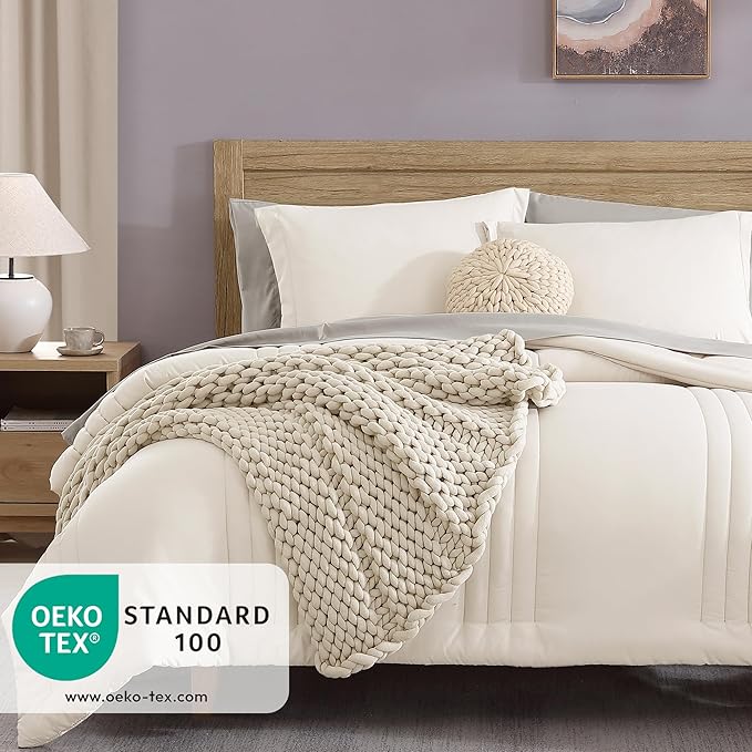 Monbix Full Comforter Set - 7 Pieces White Bed in a Bag Full Size Bedding Sets with Comforters, All Seasons Comforter with Sheets,Pillowcases & Shams