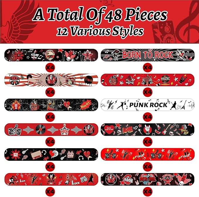 48PCS Rock and Roll Party Favors Slap Bracelets Wristbands Rock Star Party Decorations Supplies for 80s 90s Born to Rock Rock Fake Musician Guitar Rap Theme Party