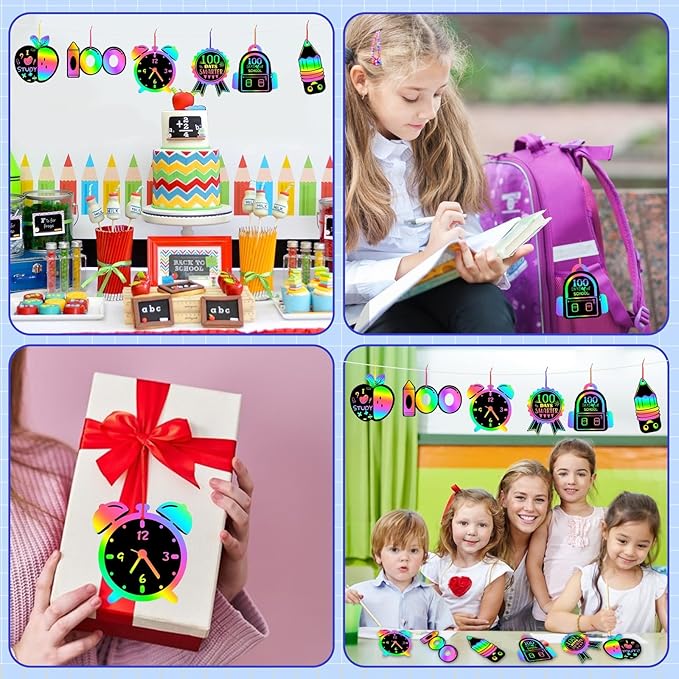 JULMELON 36 PCS 100 Days of School Scratch Art for Kids, Rainbow Magic Scratch Paper 100th Day of School Craft Kit for Kids 100th Day of School Gifts Classroom Activities Project Party Favors