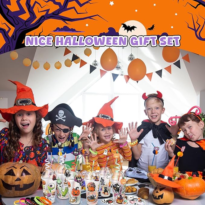 24 Set Halloween Party Favors Gift Cups Filler for Students, Halloween Goodie Bag Fillers, Halloween Treats Non Candy, Halloween Keychain Pencil Straw Silicone Bracelet for Classroom Gifts