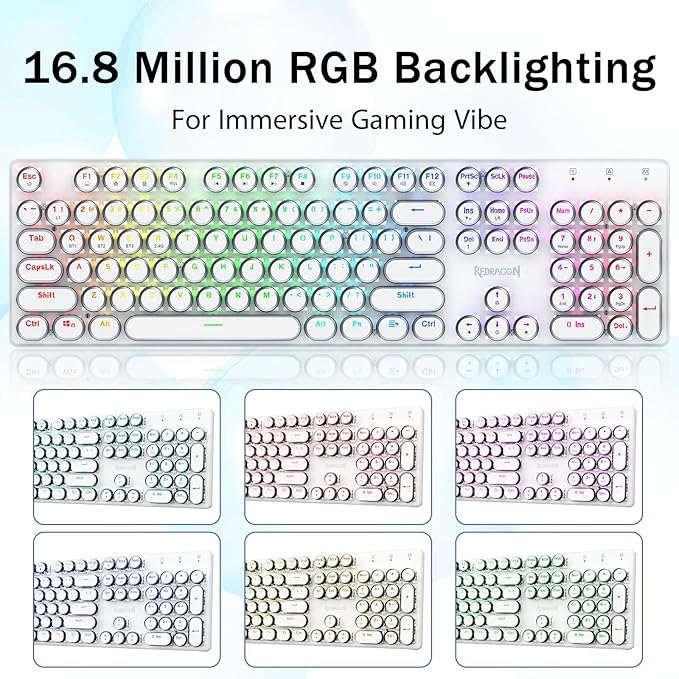 Redragon K710 Wireless Typewriter Mechanical Gaming Keyboard, Bluetooth/2.4Ghz/Wired, RGB LED Backlit, Blue Switch - Clicky, Rechargeable, Solid Metal Panel, Round Keycaps, White