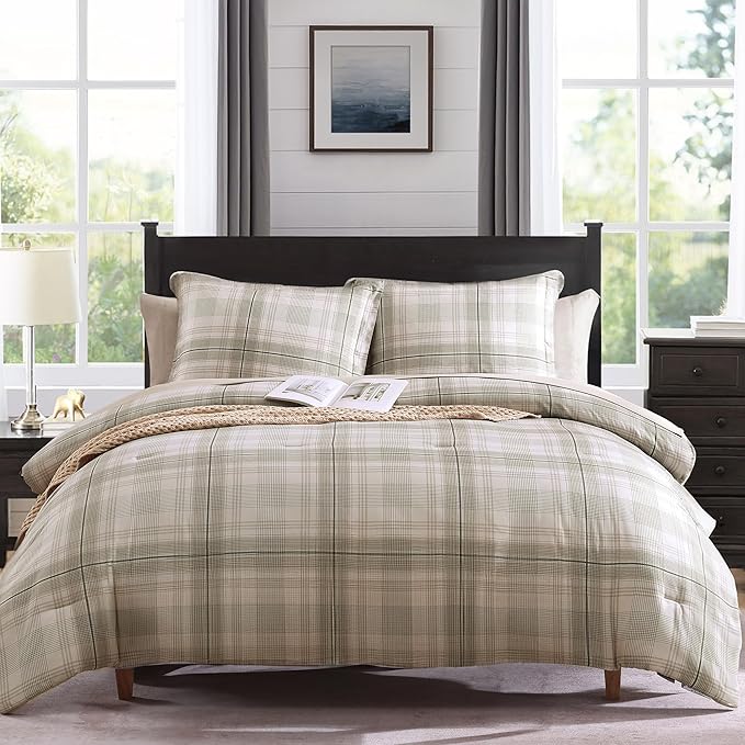 MaiRêve Plaid Queen Comforter Sets, Khaki Green Grid Farmhouse Bedding Set Bed in A Bag, Classic Checkered Comforter Sets with Fitted & Flat Sheet, Pillowcases & Shams 90"x90"