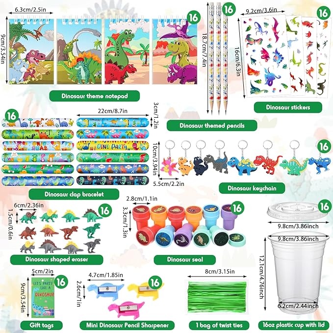 Colarr 161 Pcs Dinosaur Party Favor Dinosaur School Stationery Set Includes Gift Cup Notebook Pencil Sharpener Eraser Keychain Stamp Slap Bracelet Sticker Card For Dinosaur Birthday Supply