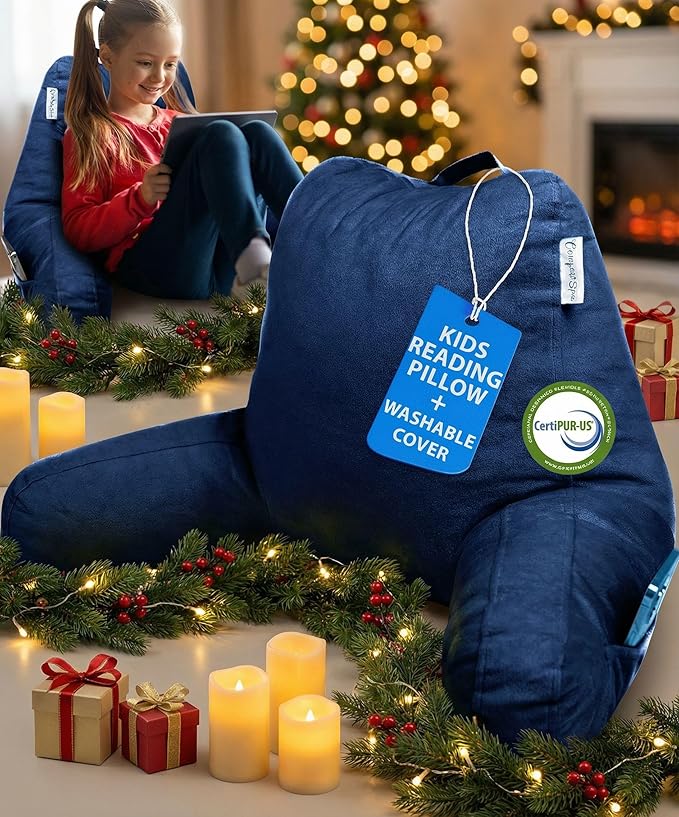 ComfortSpa Reading Pillow for Kids Teens Adult, Back Rest Pillow with Arms, Pockets, Washable Cover; Use as Back Pillow for Bed Sitting Up for Bedrest, Relief from GERD Heartburn (Standard Blue)
