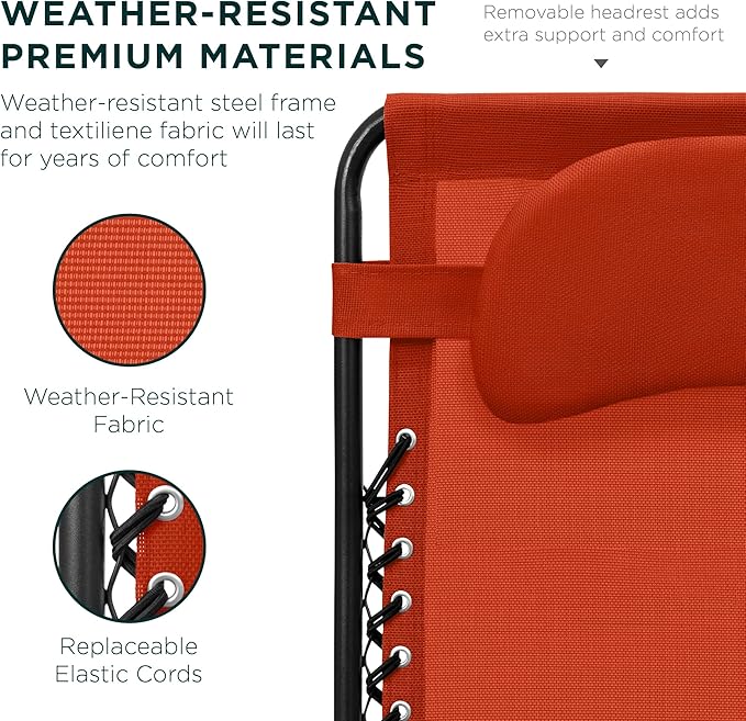 Best Choice Products Oversized Zero Gravity Chair, Folding Outdoor Patio Lounge Recliner w/Cup Holder Accessory Tray, Pillow - Burnt Orange